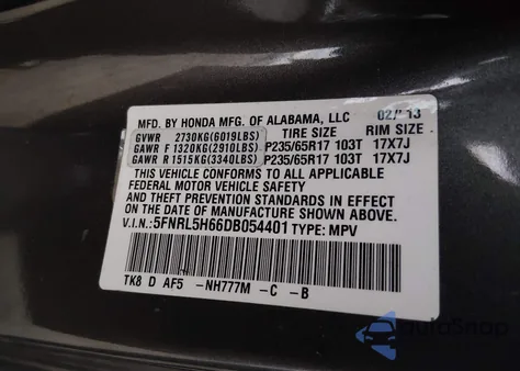 2013 Honda Odyssey Ex-L from USA, damaged, VIN 5FNRL5H66DB054401